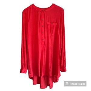 FREE PEOPLE Tunic Red Gauzy Boho Long Sleeve Henley Neckline top, size S